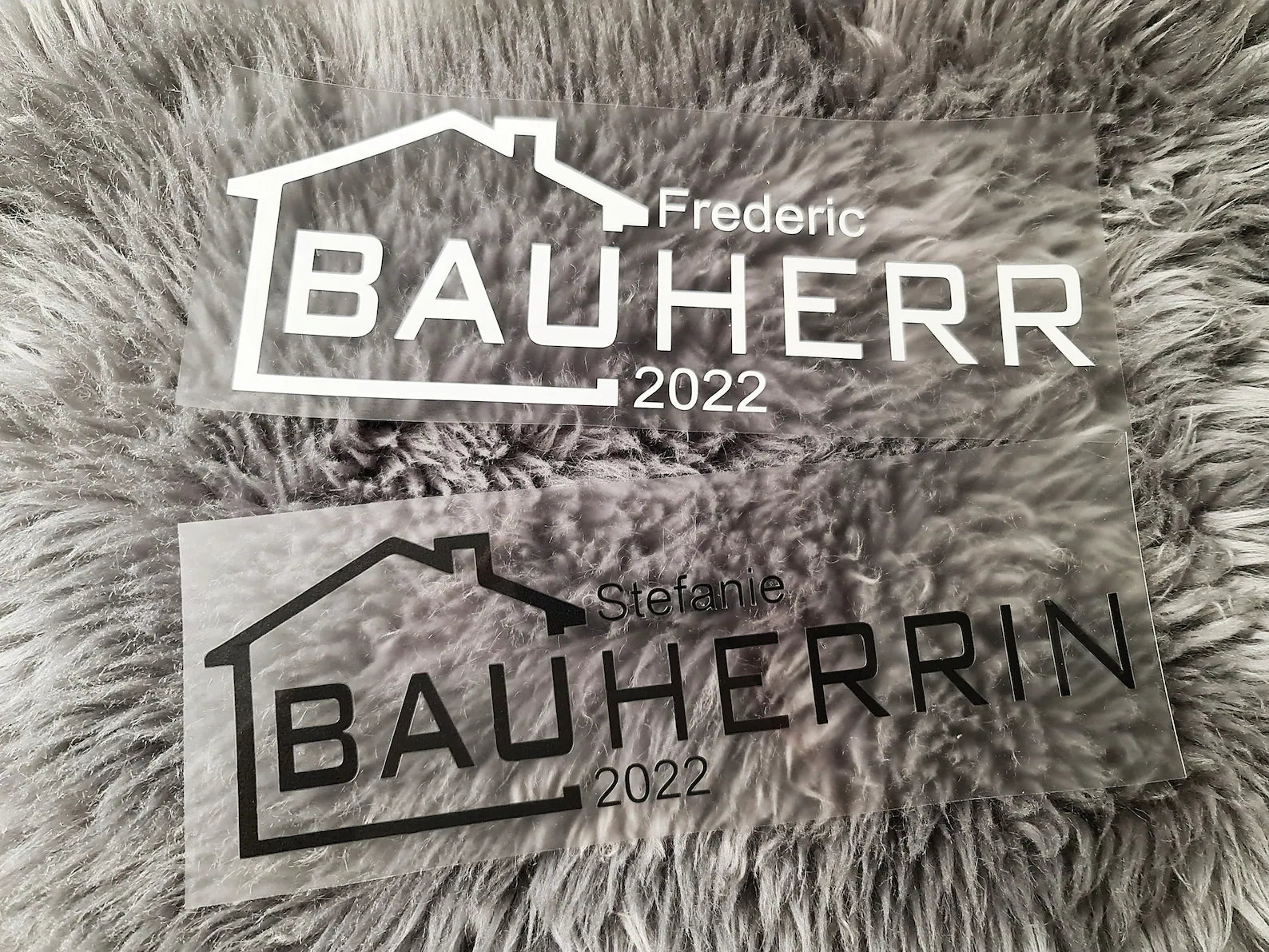 Schriftzug, Bügelbild, Bauherr, Bauherrin, Textilien, personalisiert